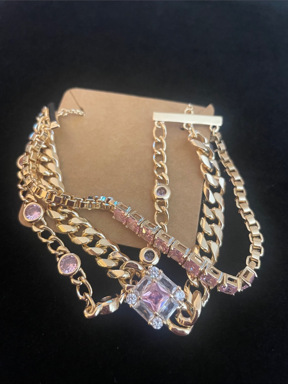 Gorgeous BOMB PARTY gold & pink crystals bracelet NEW- ADJUSTABLE!